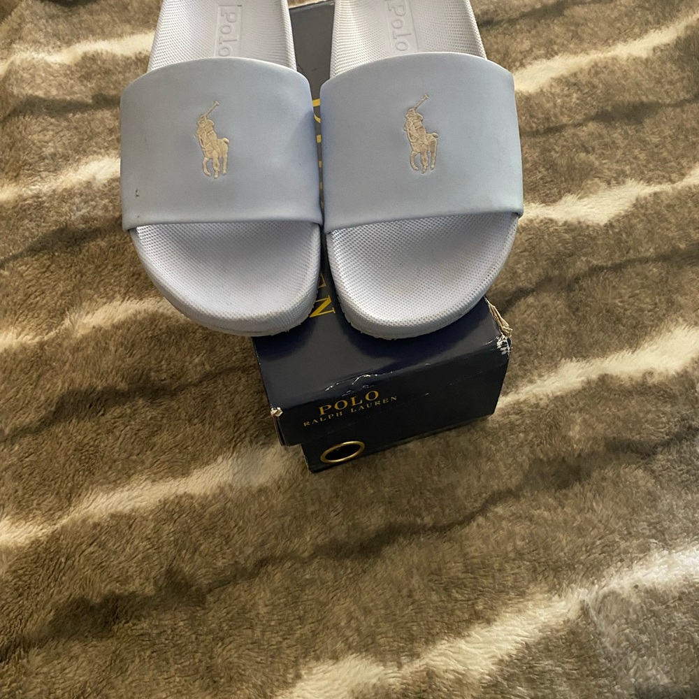 Ralph Lauren slides baby blue in color